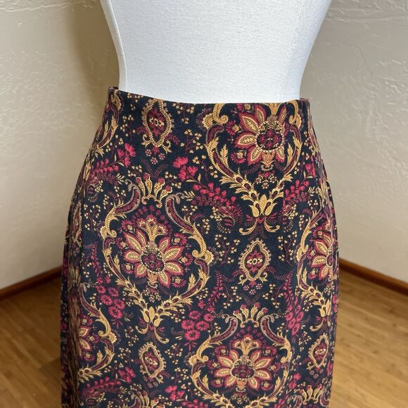 VTG Briggs New York Midi Skirt Womens 10 Black Gold Red Floral Tapestry Boho - Picture 3 of 10